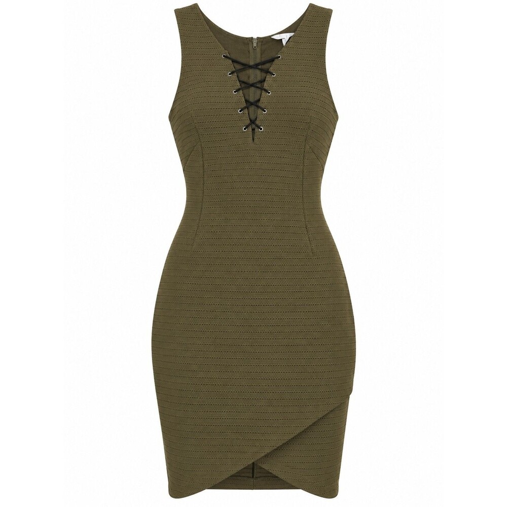ASTR The Label Olive Green Lace-Up Crochet Knit Bodycon Midi Dress Size M